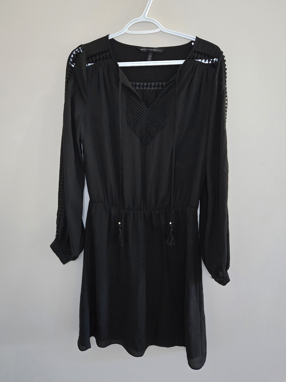 White House Black Market Black Longsleeve Tassel Tie Dress With Trim Detail -NEW
